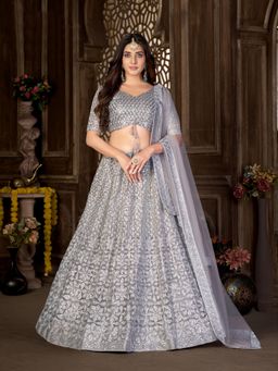 KVS FAB - Net Sequence A-Line Semi Stitched Grey Lehenga With Unstitched Choli And Dupatta