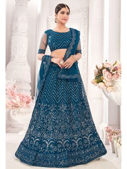 KVS FAB - Net Sequins Semi Stitched Blue Lehenga With Unstitched Choli And Dupatta