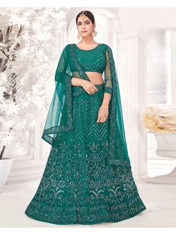 KVS FAB - Net Sequins Semi Stitched Green Lehenga With Unstitched Choli And Dupatta