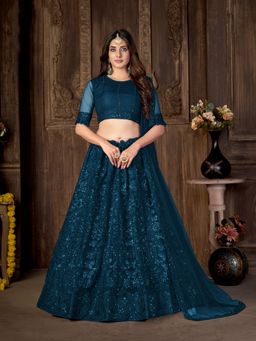 KVS FAB - Net Sequence A-Line Semi Stitched Teal Lehenga With Unstitched Choli And Dupatta