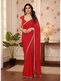 AMRUTKALA SAREES - Red Designer Georgette Lace Work Saree With Unstitched Blouse