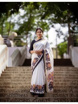 AMRUTKALA SAREES - Women Linen Silk Printed White Saree With Unstitched Blouse