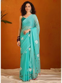 AMRUTKALA SAREES - Teal Designer Linen Silk Printed Saree With Unstitched Blouse