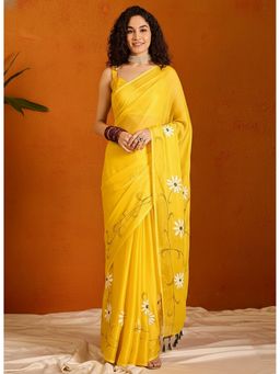 AMRUTKALA SAREES - Yellow Designer Linen Silk Floral Tassels Saree With Unstitched Blouse
