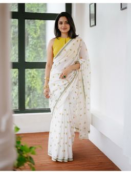 AMRUTKALA SAREES - Designer Linen Silk Floral Printed White Saree With Unstitched Blouse