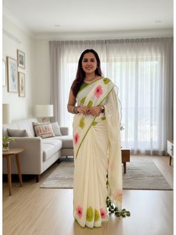 AMRUTKALA SAREES - Beige Designer Linen Silk Printed Saree With Unstitched Blouse