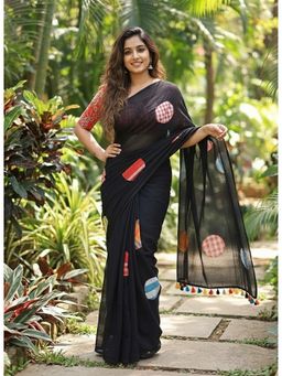 AMRUTKALA SAREES - Women Designer Linen Silk Printed Black Saree With Unstitched Blouse