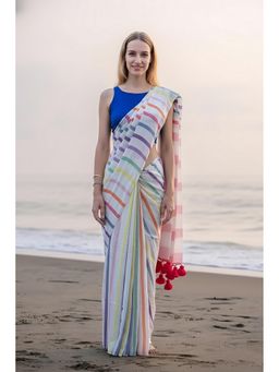 AMRUTKALA SAREES - Women Designer Linen Silk Stripes Printed White Saree With Unstitched Blouse