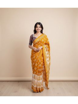 AMRUTKALA SAREES - Designer Linen Silk Printed Yellow Saree With Unstitched Blouse