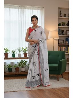 AMRUTKALA SAREES - Designer Linen Silk Printed Women'S White Saree With Unstitched Blouse