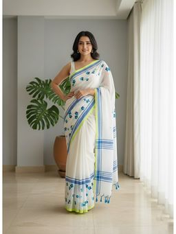AMRUTKALA SAREES - Women'S Linen Silk Floral Printed White Saree With Unstitched Blouse