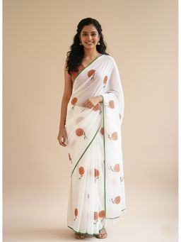 AMRUTKALA SAREES - Linen Silk Floral Printed White Saree With Unstitched Blouse