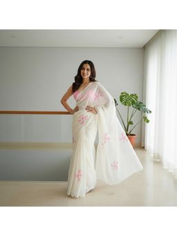 AMRUTKALA SAREES - Designer Linen Silk Floral White Saree With Unstitched Blouse