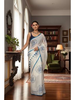 AMRUTKALA SAREES - Blue Designer Linen Silk Floral Printed Saree With Unstitched Blouse