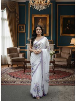 AMRUTKALA SAREES - Designer Linen Silk Floral Printed Tassels White Saree With Unstitched Blouse