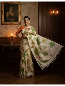 AMRUTKALA SAREES - Designer Linen Silk Printed Beige Saree With Unstitched Blouse