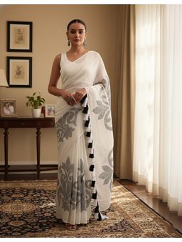 AMRUTKALA SAREES - Designer Linen Silk Printed Tassels Work White Saree With Unstitched Blouse