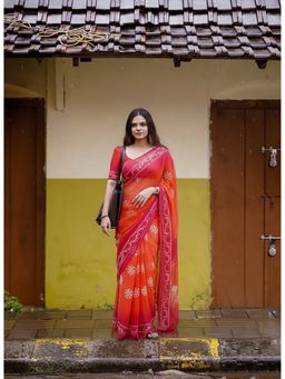 AMRUTKALA SAREES - Red Designer Linen Silk Printed Saree With Unstitched Blouse