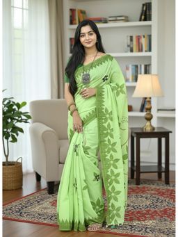 AMRUTKALA SAREES - Designer Linen Silk Printed Green Saree With Unstitched Blouse