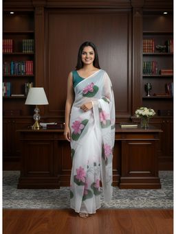 AMRUTKALA SAREES - Designer Linen Silk Printed White Saree With Unstitched Blouse