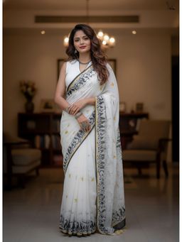 AMRUTKALA SAREES - Linen Silk Printed White Saree With Unstitched Blouse