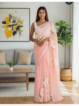 AMRUTKALA SAREES - Peach Designer Linen Silk Printed Saree With Unstitched Blouse