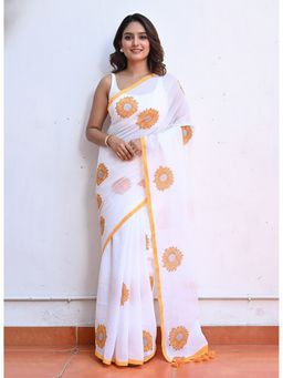 AMRUTKALA SAREES - Women Designer Linen Silk Printed White Saree With Unstitched Blouse