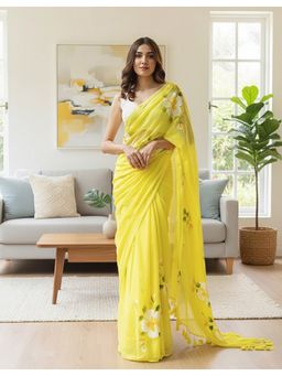 AMRUTKALA SAREES - Yellow Designer Linen Silk Printed Saree With Unstitched Blouse