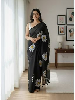 AMRUTKALA SAREES - Designer Linen Silk Printed Black Saree With Unstitched Blouse