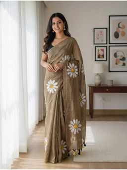 AMRUTKALA SAREES - Brown Designer Linen Silk Printed Saree With Unstitched Blouse