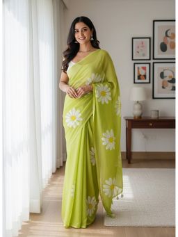AMRUTKALA SAREES - Green Designer Linen Silk Printed Saree With Unstitched Blouse