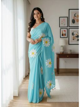 AMRUTKALA SAREES - Blue Designer Linen Silk Printed Saree With Unstitched Blouse