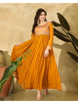 KVS FAB - Georgette Digital Print With Lace Mustard Maxi Dress