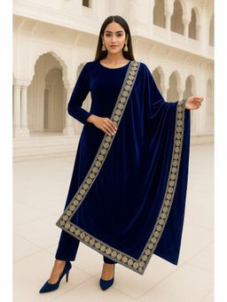 SHADES OF FAASHION - Velvet With Lace Border Blue Dupatta