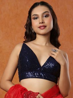 SALWAR STUDIO - Women Embellished Sleeveless Stitched Navy Blue Blouse