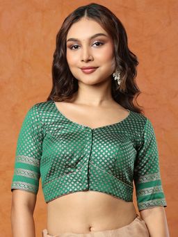 SALWAR STUDIO - Brocade Round Neck Elbow Sleeves Stitched Green Blouse