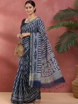 Niska - Ethnic Motifs Pure Cotton Navy Blue Saree With Unstitched Blouse