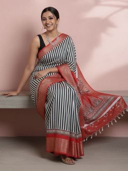 Niska - Stripes Red Saree With Unstitched Blouse