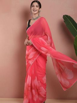 Niska - Floral Poly Georgette Pink Saree With Unstitched Blouse