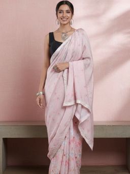 Niska - Floral Printed Poly Georgette Pink Saree With Unstitched Blouse