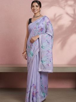 Niska - Floral Poly Georgette Lavender Saree With Unstitched Blouse