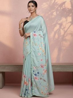 Niska - Floral Poly Georgette Green Saree With Unstitched Blouse