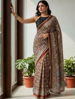Niska - Ethnic Motifs Pure Cotton Brown Saree With Unstitched Blouse