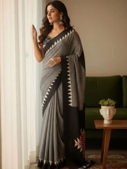 Niska - Stripes Black Saree With Unstitched Blouse