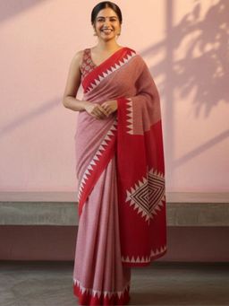 Niska - Striped Red Saree With Unstitched Blouse