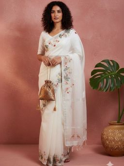 Niska - Ethnic Motifs Embroidered Pure Cotton Saree With Unstitched Blouse