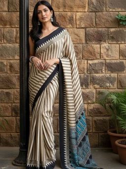 Niska - Striped Blue Saree With Unstitched Blouse