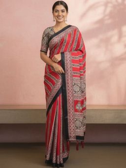 Niska - Modal Stripes Red Saree With Unstitched Blouse