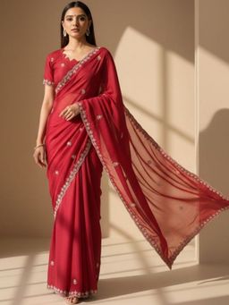 Niska - Embellished Pure Georgette Heavy Work Red Saree With Unstitched Blouse