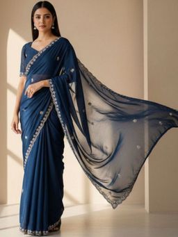 Niska - Embellished Pure Georgette Heavy Work Blue Saree With Unstitched Blouse